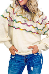 White Wavy Striped Pointelle Bishop Sleeve Sweater Sweaters & Cardigans JT's Designer Fashion