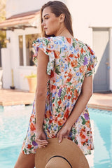 Pink Floral Double Ruffle Sleeve V Neck High Waist Mini Dress Floral Dresses JT's Designer Fashion
