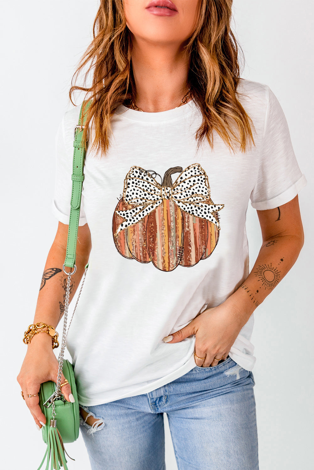 White Thanksgiving Bow Knot Pumpkin Print Round Neck T Shirt Graphic Tees JT's Designer Fashion