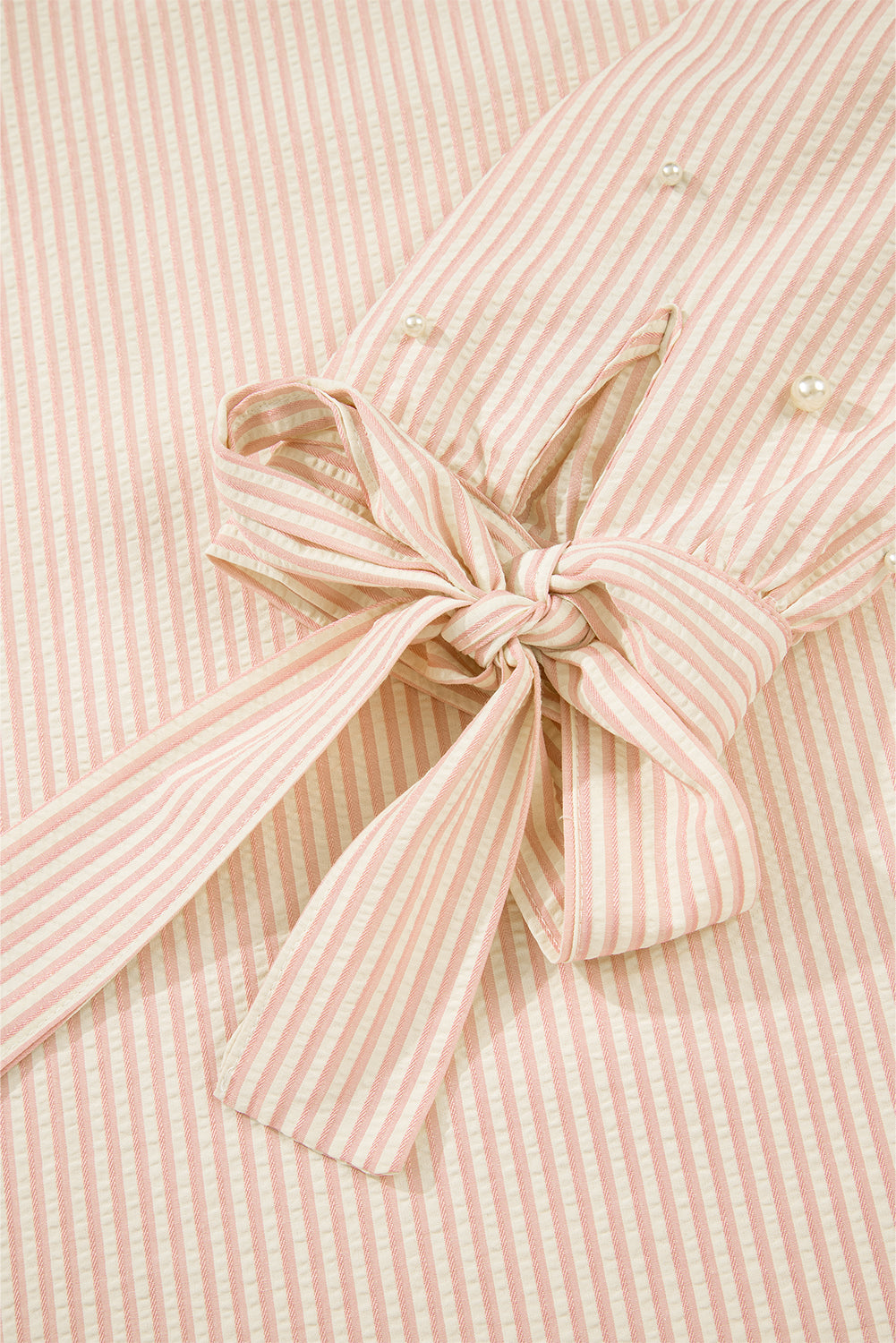 Pink Stripe Bow Knot Cuff Pearl Embellished Puff Sleeve V Neck Blouse Blouses & Shirts JT's Designer Fashion