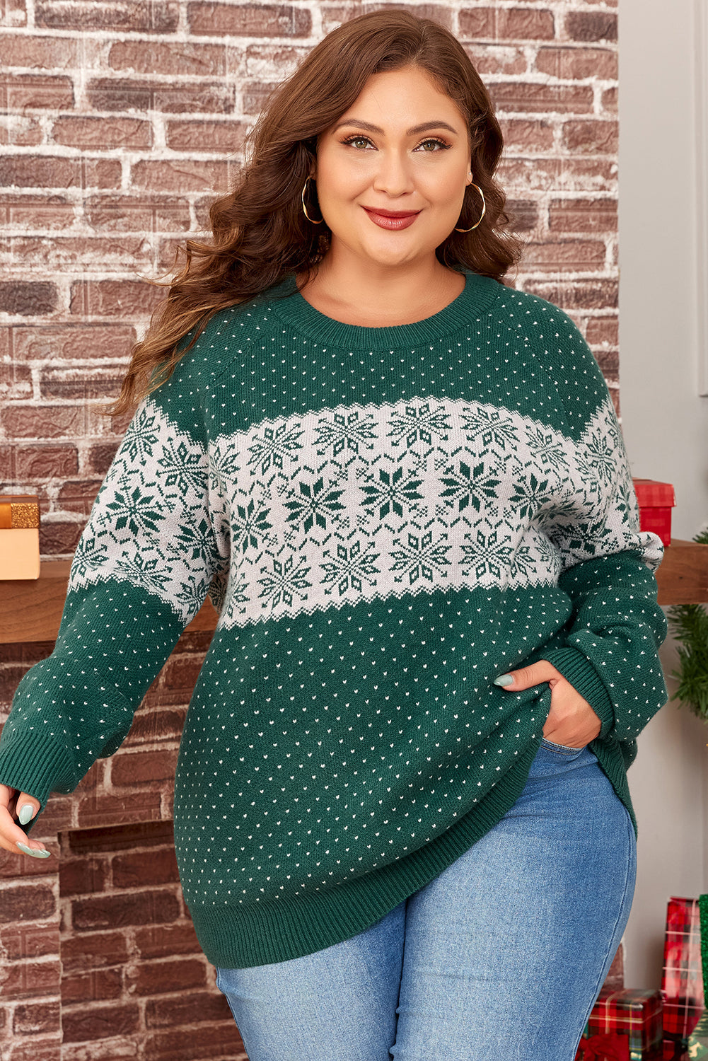 Green Christmas Snowflake Pattern Drop Shoulder Plus Size Sweater Plus Size Sweaters & Cardigans JT's Designer Fashion