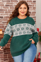 Green Christmas Snowflake Pattern Drop Shoulder Plus Size Sweater Plus Size Sweaters & Cardigans JT's Designer Fashion