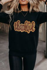 Black Glittering thankful Graphic Drop Shoulder Sweatshirt Black 50%Polyester+50%Cotton Graphic Sweatshirts JT's Designer Fashion