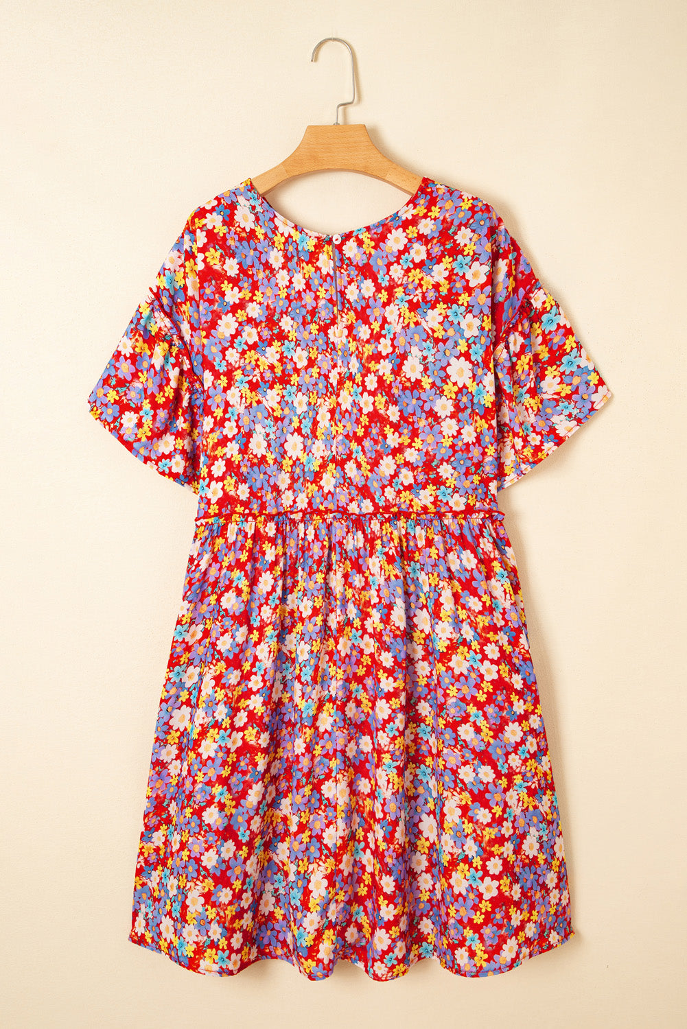 Red Dainty Flower Printed Plus Size Short Sleeve Shift Dress Plus Size Mini Dresses JT's Designer Fashion