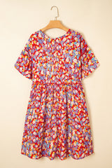 Red Dainty Flower Printed Plus Size Short Sleeve Shift Dress Plus Size Mini Dresses JT's Designer Fashion