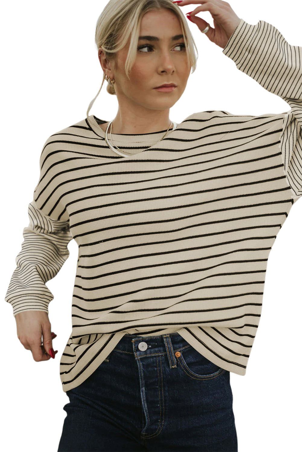 Black Striped Patchwork Loose Long Sleeve Tee Long Sleeve Tops JT's Designer Fashion