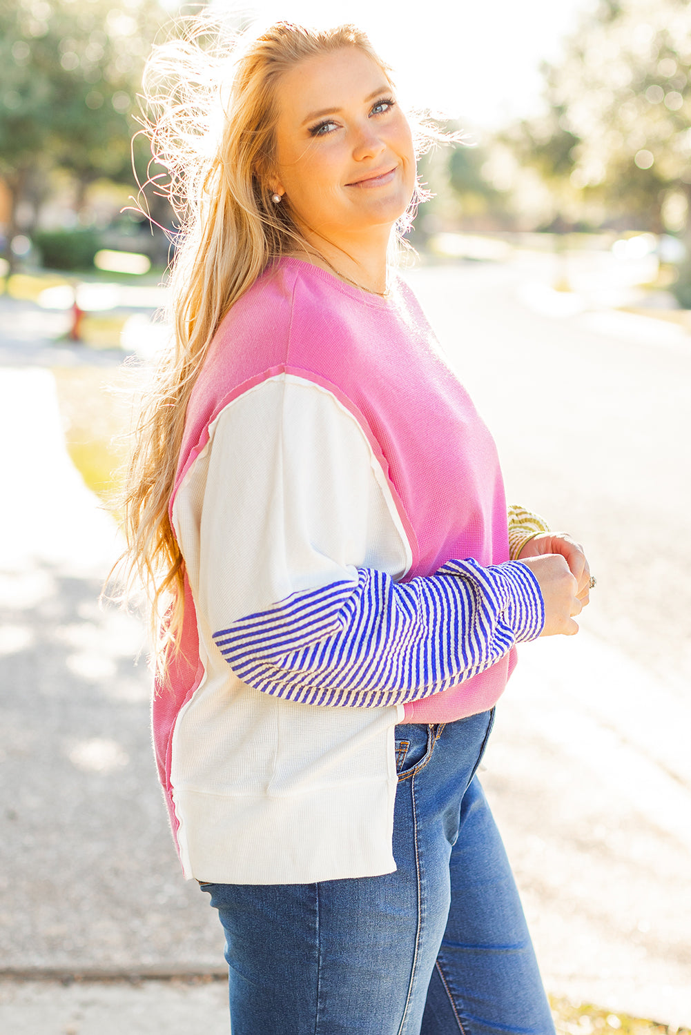 Rose Red Colorblock Patchwork Striped Puff Sleeve Plus Size Top with Slits Plus Size Long Sleeve Tops JT's Designer Fashion