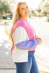 Rose Red Colorblock Patchwork Striped Puff Sleeve Plus Size Top with Slits Plus Size Long Sleeve Tops JT's Designer Fashion