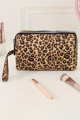 Brown Leopard Print PU Leather Wristlet Zipper Makeup Bag Makeup Bags JT's Designer Fashion