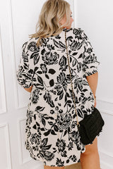 Black Floral Print Tiered Frilled Half Sleeve Plus Size Mini Dress Plus Size Mini Dresses JT's Designer Fashion