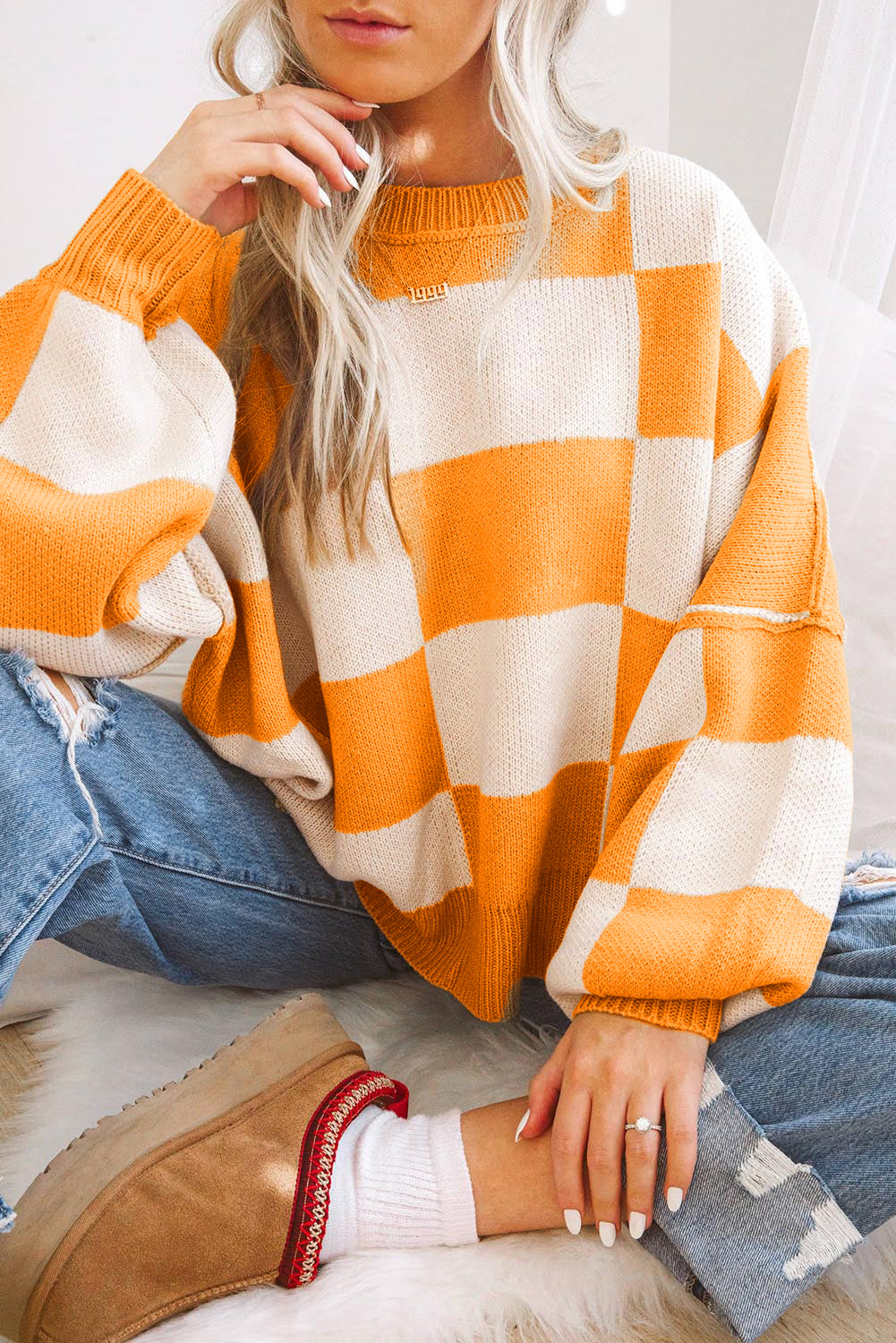 Orange Checkered Bishop Sleeve Sweater Sweaters & Cardigans JT's Designer Fashion