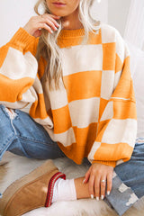 Orange Checkered Bishop Sleeve Sweater Sweaters & Cardigans JT's Designer Fashion