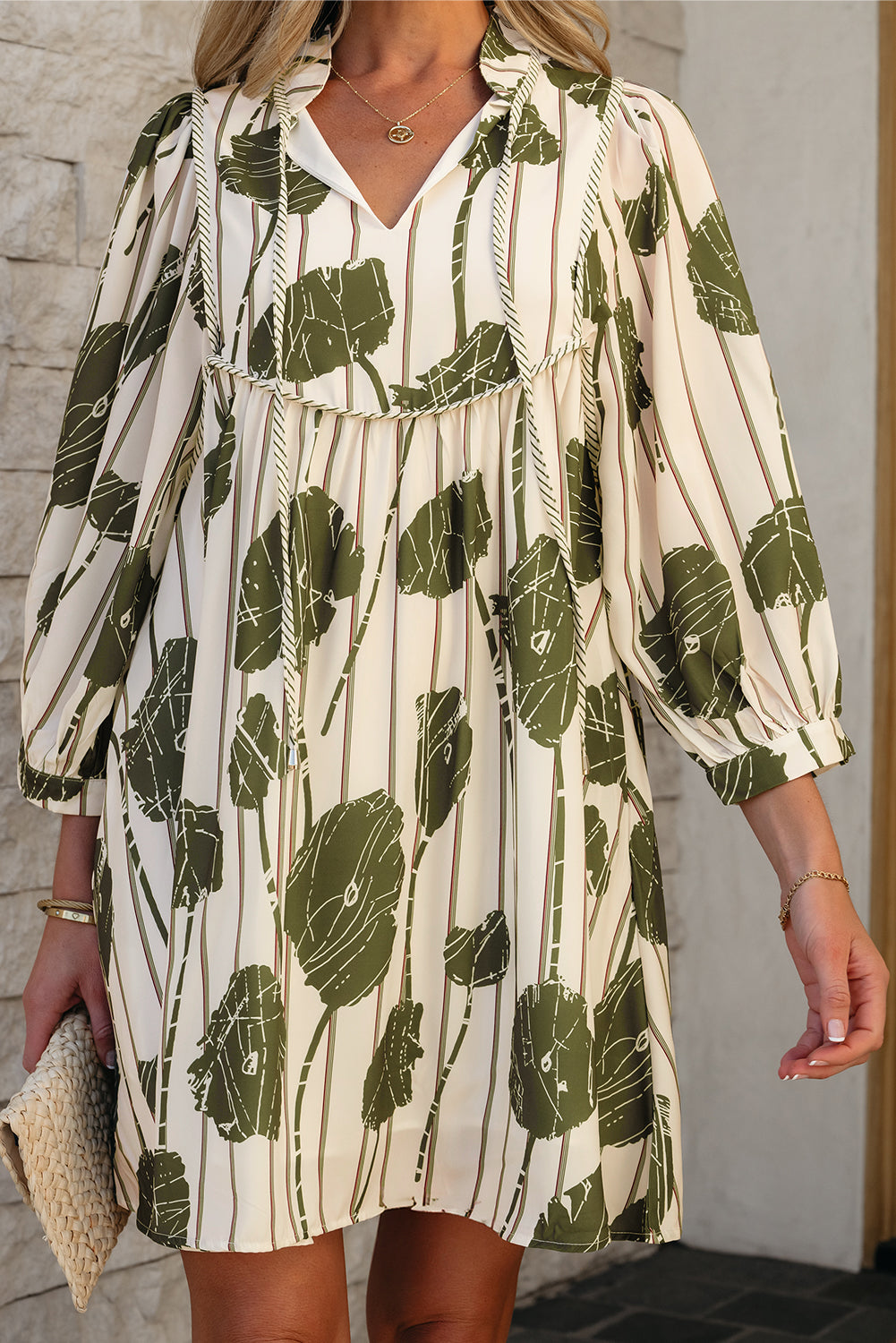 Guacamole Green Floral Striped Print Contrast Piping Puff Sleeve Dress Floral Dresses JT's Designer Fashion