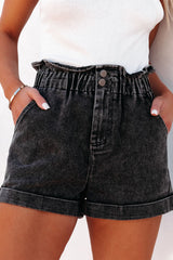 Black Vintage Washed Frilled High Waist Denim Shorts Black 65%Cotton+33%Polyester+2%Elastane Denim Shorts JT's Designer Fashion