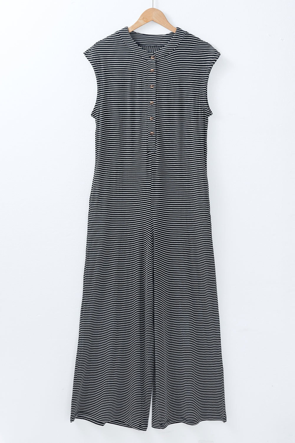 Black white Striped Print Buttoned Wide Leg Sleeveless Jumpsuit Jumpsuits & Rompers JT's Designer Fashion
