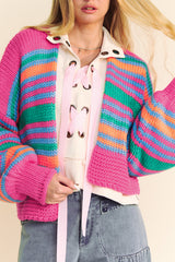 Rose Stripe Colorful Puff Sleeve Drop Shoulder Loose Cardigan Rose Stripe 100%Acrylic Cardigans JT's Designer Fashion