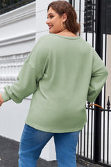 Clearly Aqua Plus Size Corded Knit Pocketed Crew Neck Top Plus Size Long Sleeve Tops JT's Designer Fashion