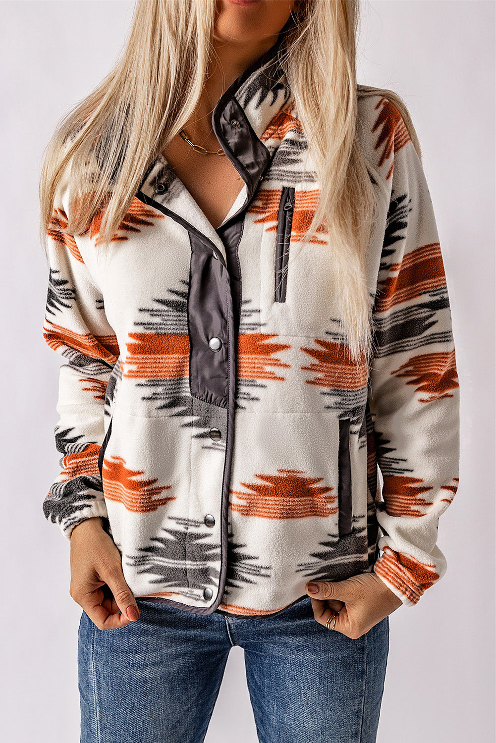 Gray Western Aztec Snap Buttoned Fleece Jacket Gray 100%Polyester Jackets JT's Designer Fashion