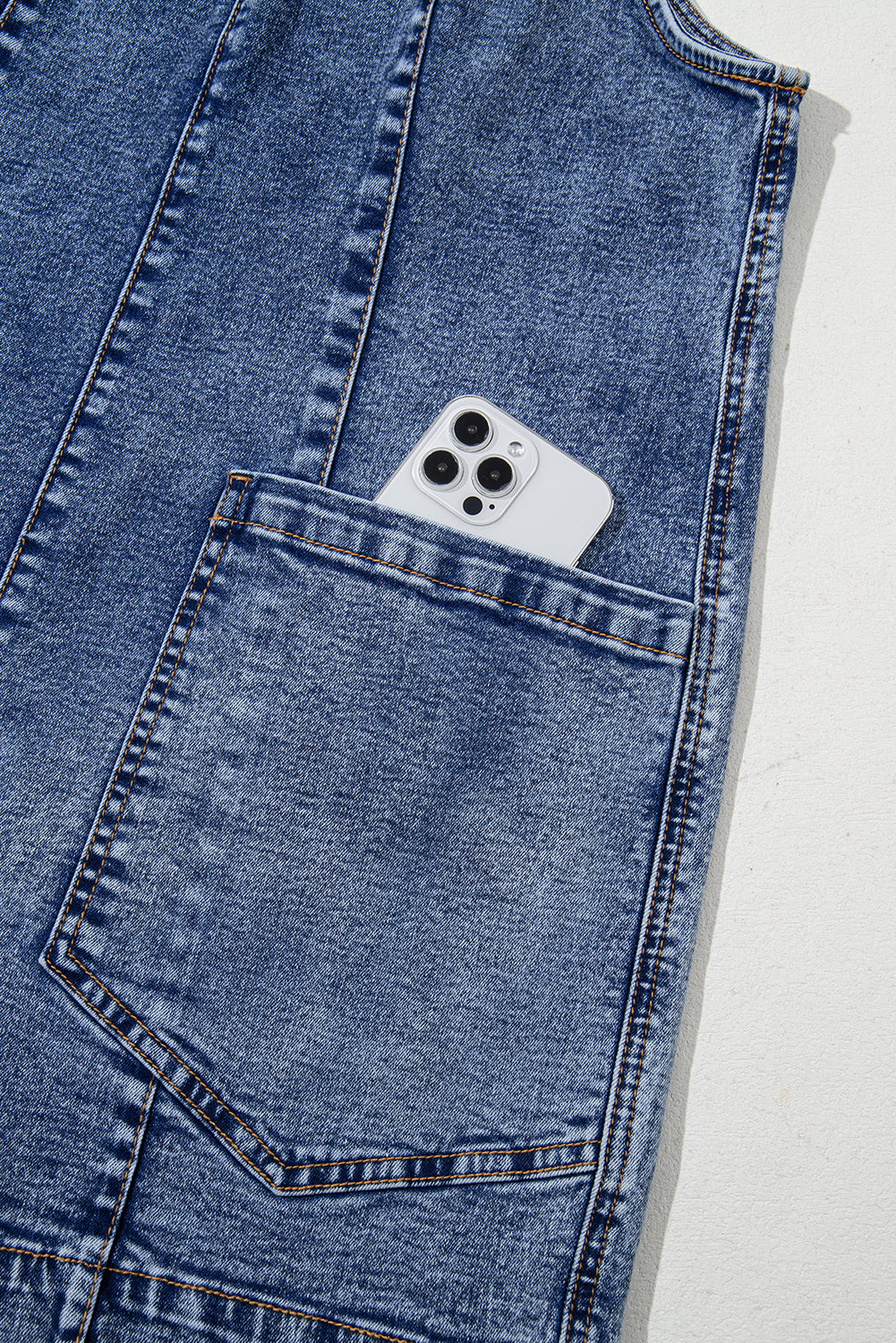Dusk Blue Sleeveless U Neck Patched Pocket Denim Romper Jumpsuits & Rompers JT's Designer Fashion