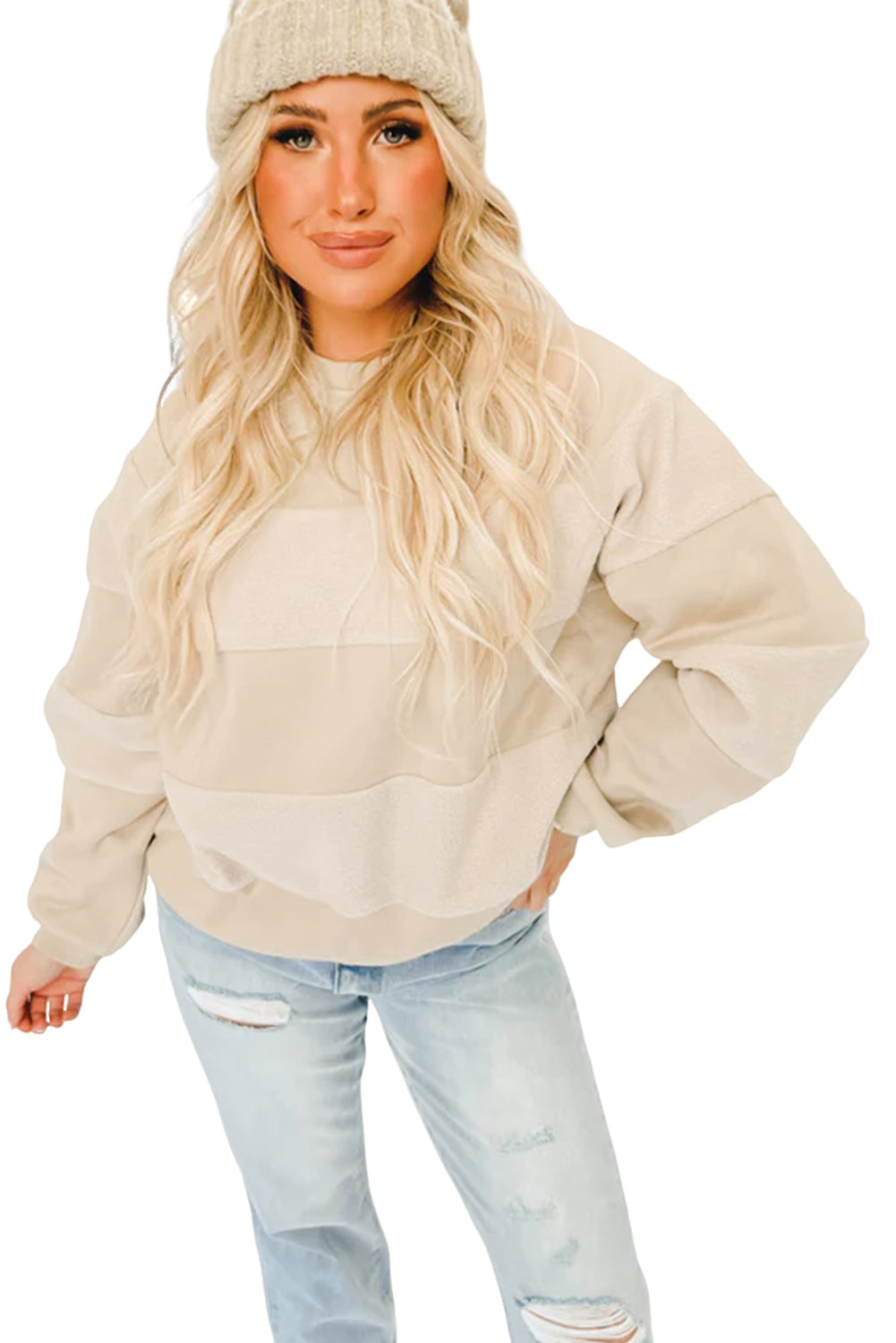 Oatmeal Contrast 2-tone Patchwork Raglan Sleeve Sweatshirt Sweatshirts & Hoodies JT's Designer Fashion