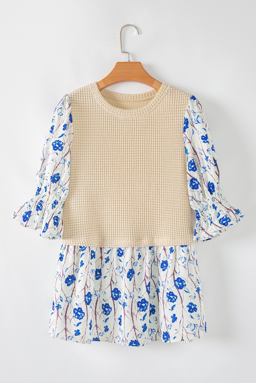 Beige Waffle Floral Patchwork Short Flounce Sleeve Peplum Blouse Blouses & Shirts JT's Designer Fashion