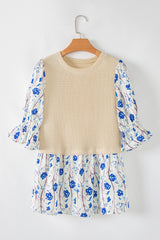 Beige Waffle Floral Patchwork Short Flounce Sleeve Peplum Blouse Blouses & Shirts JT's Designer Fashion