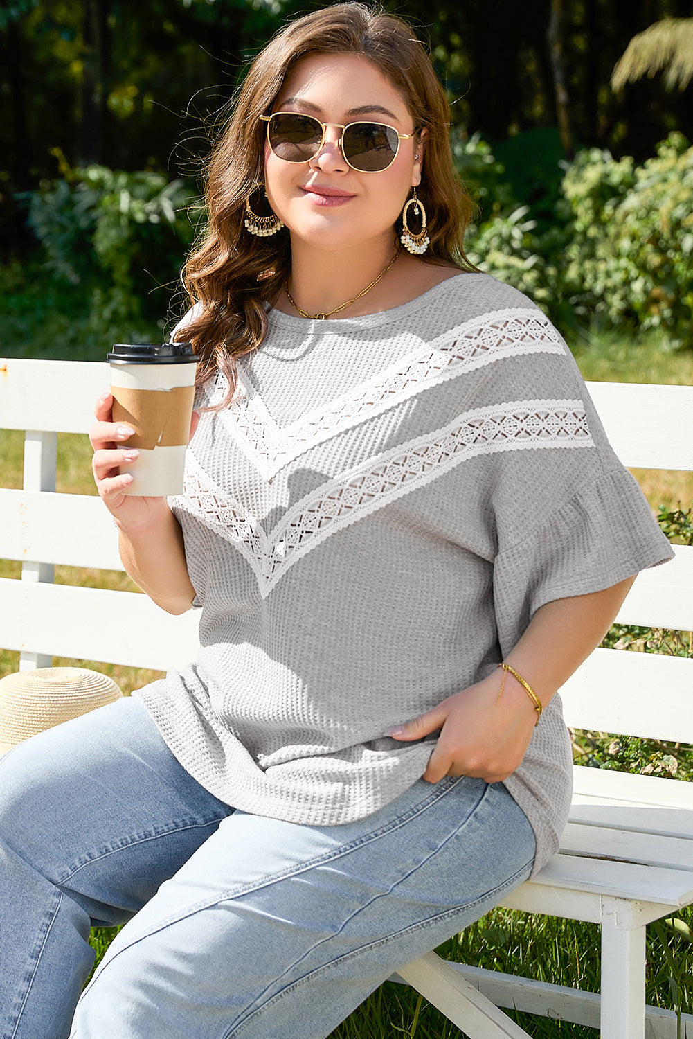 Light Grey Lace Insert Waffle Ruffle Short Sleeve Plus Size Top Plus Size Tops & Tees JT's Designer Fashion
