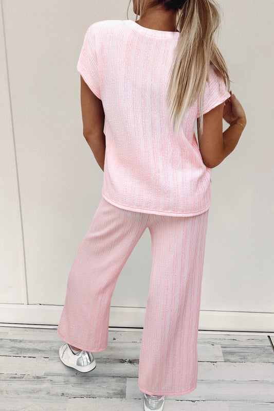 Light Pink Textured Short Sleeve Henley Top and Pocketed Wide Leg Pants Pant Sets JT's Designer Fashion