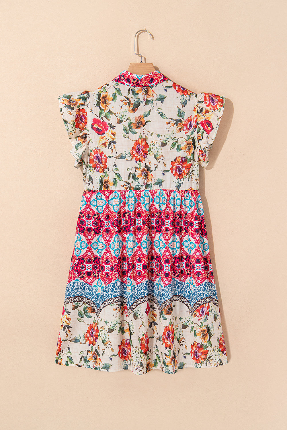Rose Floral Mixed Pattern Ruffle Flutter Sleeve Buttoned Dress Floral Dresses JT's Designer Fashion