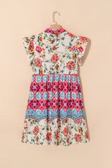 Rose Floral Mixed Pattern Ruffle Flutter Sleeve Buttoned Dress Floral Dresses JT's Designer Fashion
