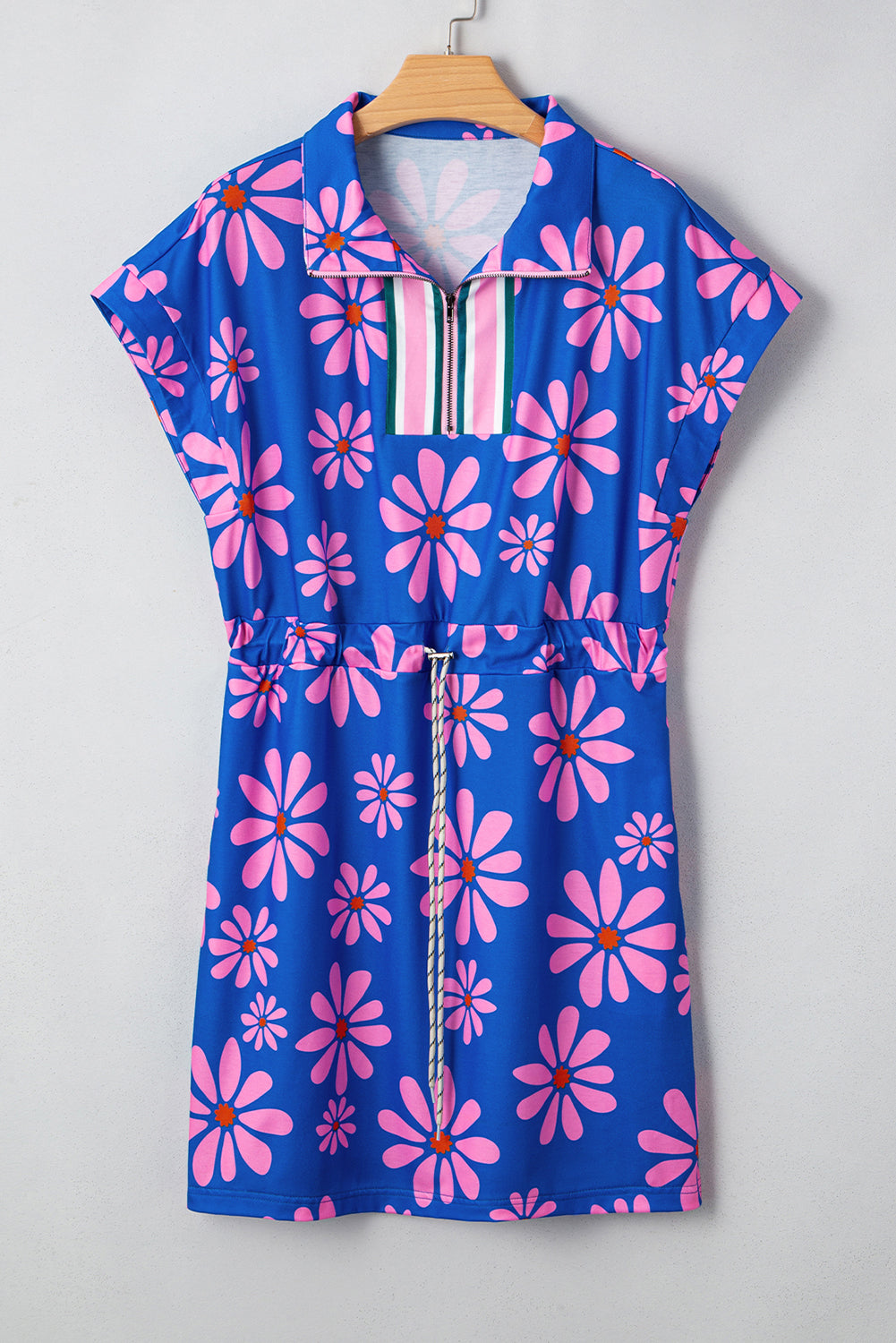 Purple Floral Striped Quarter Zip Cap Sleeve Drawstring Waist Mini Dress Floral Dresses JT's Designer Fashion