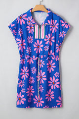 Purple Floral Striped Quarter Zip Cap Sleeve Drawstring Waist Mini Dress Floral Dresses JT's Designer Fashion