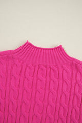 Rose Red Solid Cable Knit High Neck Drop Shoulder Sweater Sweaters JT's Designer Fashion