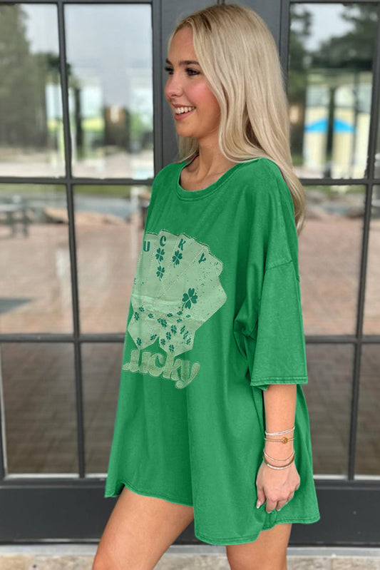 Bright Green Rhinestone Lucky Poker Cards Oversized T Shirt Mini Dress T Shirt Dresses JT's Designer Fashion