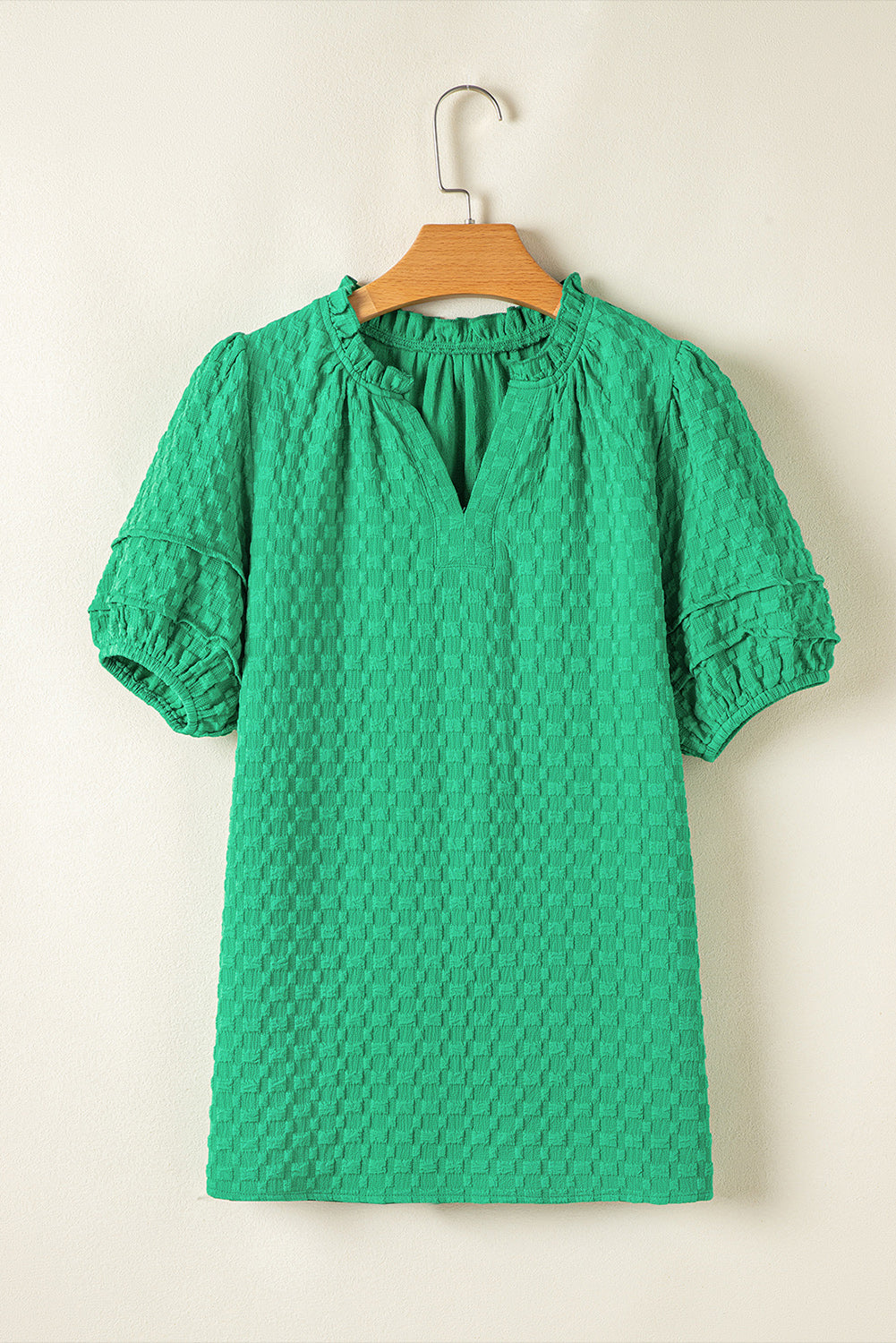 Bright Green Textured Puff Short Sleeve Notched V Neck Top Blouses & Shirts JT's Designer Fashion