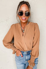 Straw Yellow Solid Color Shirred Cuff Notch V Neck Blouse Blouses & Shirts JT's Designer Fashion