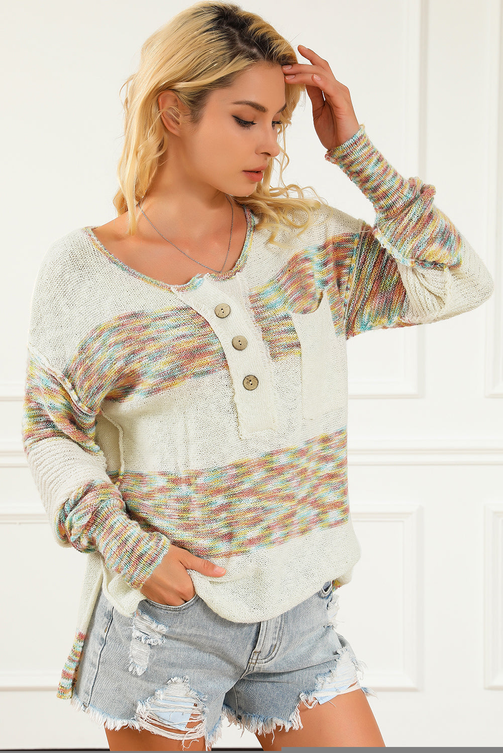 Multicolor Space Dye Henley Knit Sweater Sweaters & Cardigans JT's Designer Fashion