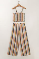 Multicolour Vertical Striped Smocked Cami Top Wide Leg Pants Set Pant Sets JT's Designer Fashion