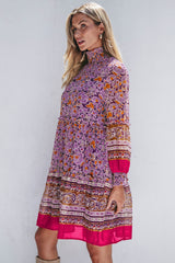 Purple Floral Smocked Puff Sleeve High Neck Mini Dress Floral Dresses JT's Designer Fashion