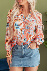 Orange Floral Print Shirred Cuff Buttoned Loose Shirt Blouses & Shirts JT's Designer Fashion