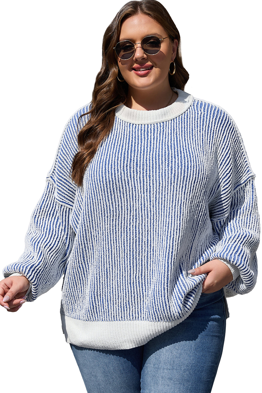 Dark Blue Striped Textured Knit Contrast Edge Loose Sweater Sweaters JT's Designer Fashion