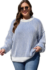 Dark Blue Striped Textured Knit Contrast Edge Loose Sweater Sweaters JT's Designer Fashion
