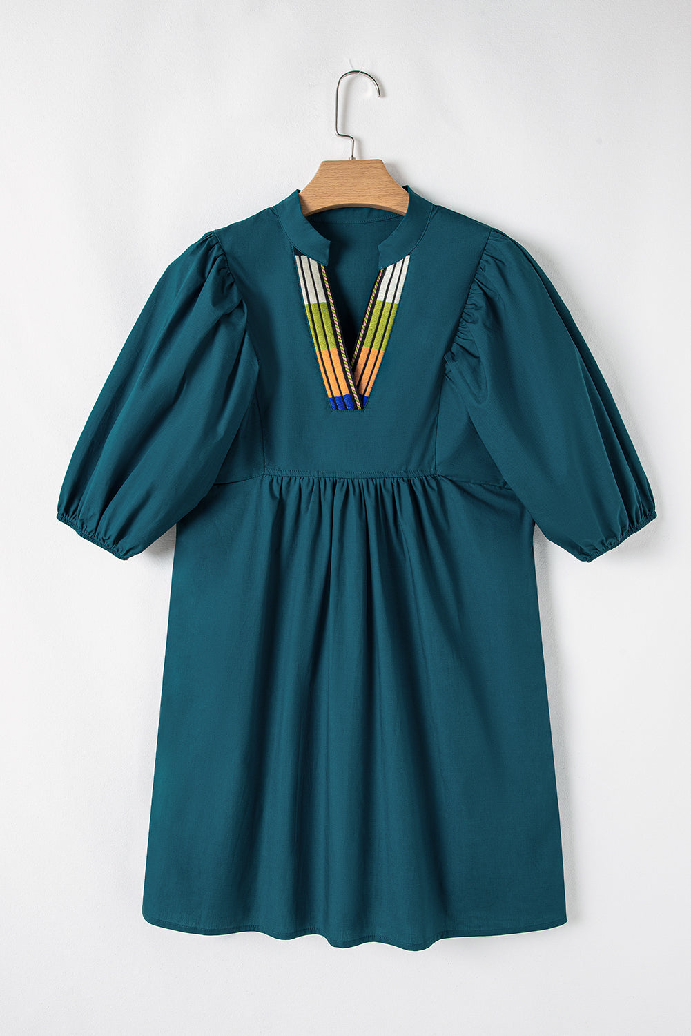 Blue Sapphire Colorblock Split V Neck Puff Sleeve Mini Dress Dresses JT's Designer Fashion