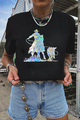Black Laser Western Cowboy Graphic Crewneck Tee Graphic Tees JT's Designer Fashion