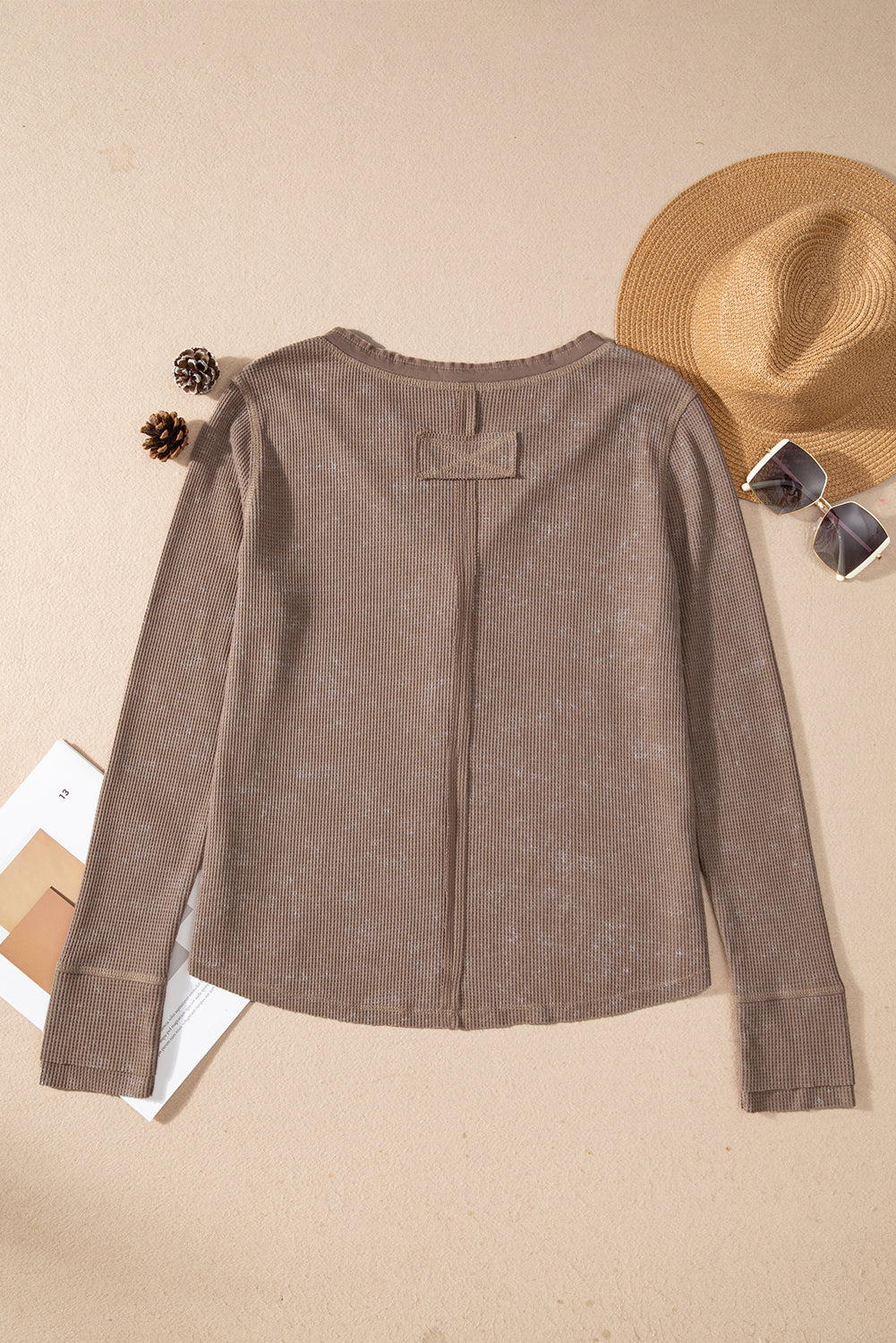 Coffee Acid Wash Waffle Knit Buttoned Neckline Long Sleeve Top Long Sleeve Tops JT's Designer Fashion