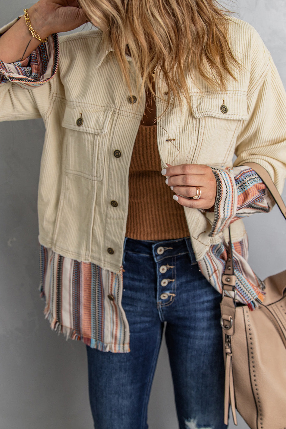 Button Up Pockets Striped Color Block Corduroy Jacket Jackets JT's Designer Fashion