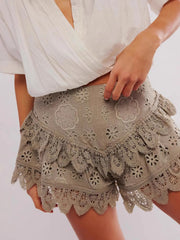 Lace Eyelet Ruffle Hem Shorts Gray Casual Shorts JT's Designer Fashion