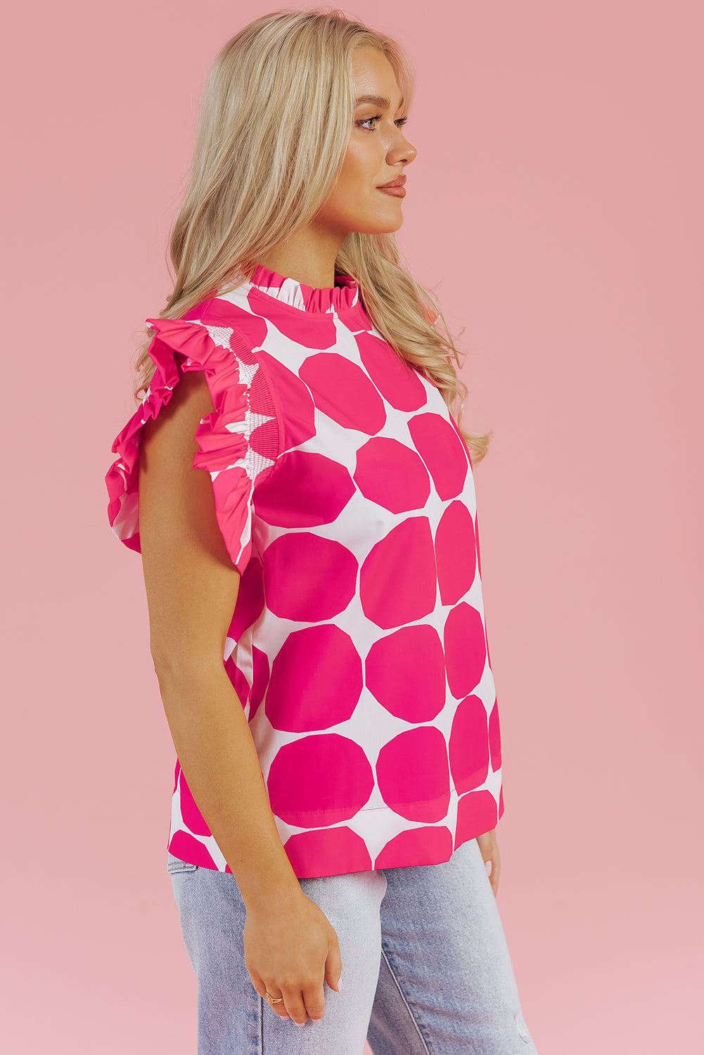 Rose Bubblegum Pattern Frilled Collar Flutter Sleeve Top Blouses & Shirts JT's Designer Fashion