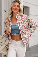 Pink Floral Print Contrast Edge Pocketed Stand Neck Jacket Jackets JT's Designer Fashion
