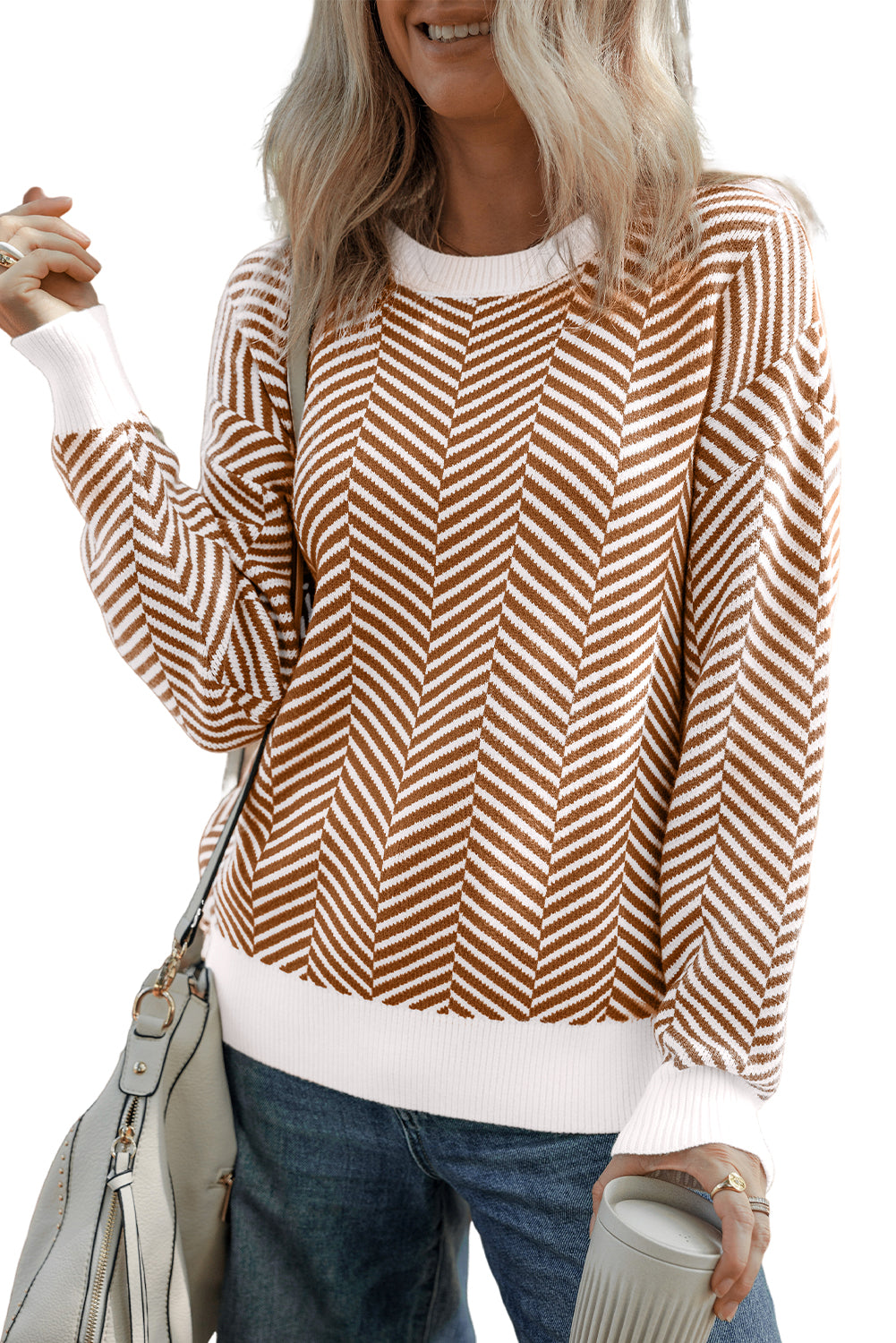Coffee Contrast Edge Crew Neck Drop Shoulder Sweater Sweaters JT's Designer Fashion